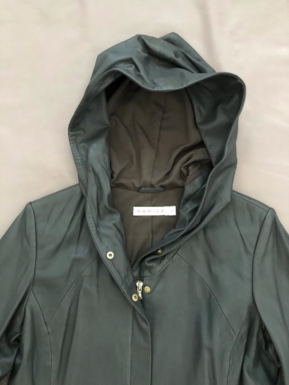 Rich Charcoal Gray Leather Coat With Hood